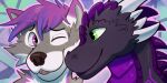  anthro canid canine canis dragon duo green_eyes male male/male mammal purple_dragon purple_eyes unknown_artist wolf 