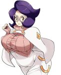  1girl arm_under_breasts big_hair breasts buttons capelet coat glasses gold green_eyes large_breasts mantis0 pink-framed_eyewear pink_sweater plump pokemon pokemon_(game) pokemon_sm purple_hair purple_nails ribbed_sweater sweater turtleneck turtleneck_sweater white_capelet white_coat wicke_(pokemon) wide_hips 