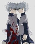  blood blood_on_clothes blue_eyes blue_shirt blue_shorts clenched_hand closed_mouth dual_persona grey_background highres hunter_x_hunter kasukasugom1 killua_zoldyck layered_sleeves long_sleeves looking_at_another shirt short_hair short_over_long_sleeves short_sleeves shorts smile spiked_hair white_hair white_shirt 