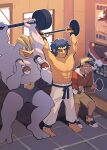  2boys abs absurdres arms_up backwards_hat barbell belt black_belt black_hair bruno_(pokemon) commentary dumbbell ethan_(pokemon) flying_sweatdrops hat highres holding indoors jacket long_sleeves machamp male_focus milaza multiple_boys muscular muscular_male outline pants poke_ball_print pokemon pokemon_(creature) pokemon_(game) pokemon_gsc red_jacket shoes short_hair shorts squatting standing symbol-only_commentary topless_male white_footwear white_pants yellow_shorts 