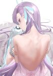  1girl absurdly_long_hair absurdres aqua_ribbon back backless_dress backless_outfit bangs blue_eyes blush character_name commentary copyright_name cyrilashnmsh dress fate/grand_order fate_(series) from_behind hair_ribbon highres long_hair looking_at_viewer meltryllis_(fate) nape parted_lips prosthesis prosthetic_leg purple_hair ribbon self_hug sitting solo twitter_username very_long_hair wariza 