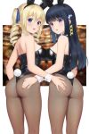  2girls angelina_kudou_shields animal_ears ass ass_grab black_hair blonde_hair blue_eyes breasts drill_hair hair_ornament highres long_hair mahouka_koukou_no_rettousei multiple_girls open_mouth pantyhose pasya-pasya playboy_bunny rabbit_ears rabbit_tail ribbon shiba_miyuki tail twin_drills twintails 