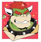  2023 absurd_res ambiguous_gender anthro artist_name blush border bowser collar cutaway duo eyebrows flustered green_yoshi hair headshot_portrait hi_res horn icon koopa looking_at_another looking_at_viewer male male_focus mario_bros mels_monster_(artist) muscular muscular_anthro muscular_male nintendo pecs portrait red_background scalie simple_background smile solo_focus sparkles spiked_collar spikes teeth white_border yoshi 