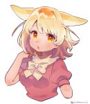  1girl animal_ears blonde_hair blush bow breasts eyelashes fennec_(kemono_friends) fox_ears fox_girl highres kemono_friends medium_breasts orange_eyes parted_lips pink_shirt shirt short_hair simple_background solo suicchonsuisui upper_body white_background white_bow 
