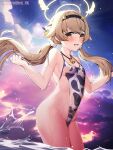  1girl animal_ears animal_print bangs bell blonde_hair blue_archive blush breasts cleavage commentary_request covered_navel cow_ears cow_print cowbell evening fake_animal_ears fake_horns halo hifumi_(blue_archive) highres horns in_water long_hair looking_at_viewer low_twintails neck_bell official_alternate_costume one-piece_swimsuit open_mouth outdoors see-through_swimsuit sidelocks small_breasts smile standing swimsuit twintails twitter_username unidentified_nk water wet wet_clothes wet_swimsuit yellow_eyes 