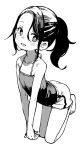  1girl :d absurdres bangs bare_arms bare_shoulders barefoot blush camisole collarbone commentary_request forehead greyscale highres kneeling looking_at_viewer monochrome original parted_bangs ponytail short_shorts shorts sidelocks simple_background smile solo white_background yamamoto_souichirou 