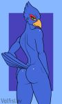  anthro avian bird blue_body blue_feathers butt falco_lombardi falcon falconid feathers girly green_eyes hand_on_butt hand_on_own_butt hi_res looking_at_viewer male nintendo portrait rear_view solo standing star_fox three-quarter_portrait volfislav 