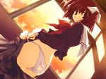  1girl back brown_eyes brown_hair butt_crack clothes_writing dutch_angle game_cg kida_emiri looking_back mitsumi_misato neckerchief open_clothes open_skirt panties pink_panties print_panties school_uniform serafuku short_hair skirt skirt_pull solo standing tenshi_no_inai_12-gatsu underwear undressing 