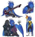  aiareck_arpia anthro avian bird blood blue_feathers cape clothed clothing corvid digital_media_(artwork) eagle feathers instrument jaboody knife musical_instrument raven red_eyes sitar torch 