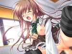  1girl akane-iro_ni_somaru_saka blush breasts brother_and_sister brown_hair censored cowgirl_position game_cg girl_on_top immoral incest long_hair nagase_minato open_mouth school_uniform sex siblings sister straddling taboo thighhighs vaginal 