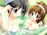  2girls bath black_hair breasts brown_hair game_cg green_eyes koimomo multiple_girls nipples nude onsen purple_eyes sakimine_momoka tokisaka_hazuki towel water yamino_kenji 