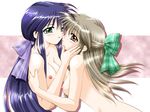  2girls artist_request blue_eyes blue_hair bow breasts brown_eyes brown_hair green_eyes hair_bow kanon kawasumi_mai kurata_sayuri long_hair multiple_girls naked nude red_eyes small_breasts yuri 