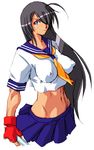  antenna_hair arikawa black_hair breasts cleavage fingerless_gloves gloves ikkitousen ikkitousen_great_guardians kan'u_unchou large_breasts long_hair midriff school_uniform solo 