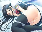  1girl bed black_eyes black_hair black_legwear blush censored covering covering_face covering_mouth game_cg hairband hand_over_mouth kotoshiro_misao long_hair ma_wo_jutai_seshi_otome_no_kuetsu masturbation panties panties_around_leg pillow pussy pussy_juice ribbon school_uniform solo thigh_highs thighhighs underwear 