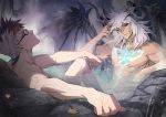  2boys abs black_hair blue_eyes chest_tattoo dragon_wings fate/apocrypha fate/grand_order fate_(series) glasses horns long_hair looking_at_viewer male_focus multicolored_hair multiple_boys na222222 nude one_eye_closed onsen partially_submerged siegfried_(fate) sigurd_(fate/grand_order) tattoo two-tone_hair water wet white_hair wings 