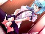  1girl artist_request blue_hair blush braid character_request door dutch_angle fingering functionally_nude game_cg glasses kneeling masturbation open_mouth pussy_juice skirt skirt_lift solo spread_legs sweat thighhighs uniform upright wink 