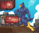  anthro avian blue_body bodily_fluids city english_text erection facility falco_lombardi genital_fluids genitals happyending hi_res internal kneeling macro male mountain nintendo penetration penile penis penis_milking precum solo star_fox text tunnel worship 