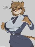  anthro belt bottomwear brown_body brown_fur clothed clothing cooliehigh eyelashes felid female fully_clothed fur half-closed_eyes hi_res jaguar mammal metztli_(kascz) narrowed_eyes necktie pantherine police_uniform simple_background skirt solo spots spotted_body spotted_fur uniform whiskers wide_hips 