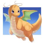  animal_focus artist_name blue_background blue_eyes border claws closed_mouth dragon dragonite drop_shadow full_body gradient_background happy highres looking_to_the_side no_humans outside_border pokemon pokemon_(creature) shia_(shi12_poke) signature simple_background smile solo white_border 