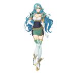  1girl aqua_hair armor bangs bare_shoulders braid breastplate breasts chloe_(fire_emblem) cleavage covered_navel elbow_gloves fire_emblem fire_emblem_engage fire_emblem_heroes garter_straps gloves green_eyes highres kainown large_breasts long_hair official_art pegasus_knight_uniform_(fire_emblem) shoulder_armor side_braid single_braid skin_tight smile solo very_long_hair white_gloves 