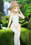  1girl absurdres bangs bare_arms bare_hips bare_shoulders blonde_hair blunt_ends breasts collarbone commentary feet_out_of_frame forest full_body hair_ribbon hand_on_own_head hand_up hat highres littiecy looking_at_viewer medium_hair moriya_suwako moss nature one-piece_swimsuit parted_bangs red_ribbon ribbon river rock sidelocks sitting sitting_on_rock small_breasts smile solo swimsuit symbol-only_commentary thighhighs touhou water waterfall white_one-piece_swimsuit white_thighhighs yellow_eyes 
