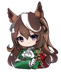  1girl animal_ears ascot brown_hair capelet chibi closed_mouth earrings epaulettes gloves green_jacket hair_between_eyes highres horse_ears horse_girl jacket jewelry long_hair looking_at_viewer mochiyukimi21 multicolored_hair purple_eyes red_capelet simple_background single_earring single_epaulette solo streaked_hair symboli_rudolf_(umamusume) umamusume upper_body very_long_hair white_ascot white_background white_gloves 