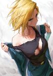  1girl absurdres android_18 bare_shoulders belt belt_buckle black_shirt blonde_hair blue_eyes blue_jacket breasts brown_belt buckle cleavage cleavage_cutout clothing_cutout collarbone denim denim_jacket denim_skirt dragon_ball dragon_ball_z from_above highres jacket large_breasts long_sleeves looking_at_viewer marse_(rokudaime) medium_hair open_clothes open_jacket pencil_skirt shaded_face shirt skirt solo torn_clothes torn_shirt undressing upper_body 