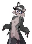  anthro blue_eyes breasts cheek_tuft chest_tuft clothed clothing coat cute_fangs facial_tuft female fur grey_body grey_fur hat headgear headwear hi_res legwear lenyavok mammal nipples open_clothing open_coat open_topwear partially_clothed procyonid raccoon simple_background slim small_breasts small_waist solo standing stockings topless topwear trenchcoat tuft white_background 