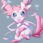  :&lt; animal_focus artist_name blue_eyes blush bow bowtie commentary full_body grey_background hair_bow highres looking_at_viewer no_humans open_mouth pink_bow pink_bowtie pokemon pokemon_(creature) ribbon shia_(shi12_poke) signature simple_background sitting solo sylveon white_ribbon 