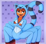  &lt;3 2022 animal_costume anthro arachnid arthropod blue_clothing blue_onesie breasts cleavage clothed clothed_female clothing crossed_arms dreamworks eyebrows eyelashes fake_ears female hi_res looking_sideways markings ms._tarantula_(the_bad_guys) mygalomorph onesie orange_body orange_skin purple_background ring_(marking) ringtail simple_background smile solo spider tail tail_markings tarantula text the_bad_guys unknown_artist zipper 