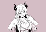  1girl bangs blush breasts cleavage cum cum_on_body cum_on_breasts cum_on_hair demon_girl demon_horns demon_wings double_v facial highres hololive horns labcoat large_breasts long_hair looking_at_viewer pointy_ears senaka_(kamemusikiller0723) smile solo suggestive_fluid tattoo tongue v virtual_youtuber wings yuzuki_choco 