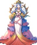 1girl blue_eyes blue_hair breasts capelet dress fire_emblem fire_emblem_engage fire_emblem_heroes frills gold_trim gradient_clothes highres long_dress long_hair long_skirt lumera_(fire_emblem) medium_breasts non-web_source official_art skirt solo transparent_background 