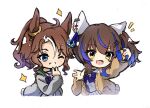  2girls ahoge alternate_costume animal_ears blue_eyes blue_hair brown_cardigan brown_hair cardigan chibi colored_inner_hair daitaku_helios_(umamusume) ear_covers ear_ornament ear_piercing grey_hoodie holding holding_phone hood hoodie horse_ears horse_girl mejiro_palmer_(umamusume) mochiyukimi21 multicolored_hair multiple_girls phone piercing ponytail purple_serafuku school_uniform serafuku short_hair simple_background streaked_hair taking_picture tracen_school_uniform white_background 