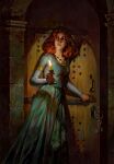  1girl candle door dress european_clothes gwent_(game) highres holding holding_candle key keychain looking_back medium_hair non-web_source orange_hair solo 