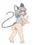  1girl animal_ears ass barefoot full_body grey_hair highres jewelry looking_at_viewer looking_back mouse_ears mouse_tail nazrin pendant red_eyes short_hair simple_background solo tail touhou turnip_kabura white_background 