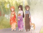  3girls bangs black_footwear black_hair black_hakama blue_kimono blunt_bangs brown_eyes brown_hair closed_eyes commentary day dog facing_another floral_print flower forest furisode girls_und_panzer hair_flower hair_ornament hakama highres hime_cut holding holding_leash japanese_clothes jinguu_(4839ms) kimono leash light_blush long_sleeves looking_at_another mother_and_daughter multiple_girls nature nishizumi_maho nishizumi_miho nishizumi_shiho obi open_mouth outdoors parted_lips print_kimono purple_kimono red_kimono sandals sash shiba_inu shoes short_hair siblings sisters smile socks standing straight_hair tabi translated walking walkway white_socks wide_sleeves 