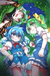  3girls antennae aqua_hair blue_dress blue_eyes blue_hair blue_skirt blue_vest blush_stickers butterfly_wings cirno closed_mouth collared_shirt daiyousei dress eternity_larva fairy fairy_wings green_dress green_eyes green_hair hair_between_eyes highres ice ice_wings inuyama_konan leaf leaf_on_head long_hair multicolored_clothes multicolored_dress multiple_girls open_mouth puffy_short_sleeves puffy_sleeves red_eyes shirt short_hair short_sleeves skirt smile touhou vest white_shirt wings 