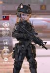  1girl animal_ears assault_rifle blonde_hair blue_eyes blurry blurry_background bulletproof_vest fang_zhenjun gloves gun handgun headphones helmet holding holding_gun holding_weapon holster holstered_weapon knee_pads looking_at_viewer magazine_(weapon) medium_hair military original republic_of_china_army republic_of_china_flag rifle scope soldier solo tactical_clothes taiwan thigh_holster thigh_strap weapon 