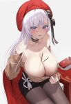  1girl aran_sweater azur_lane bangs bare_shoulders belfast_(azur_lane) belfast_(shopping_with_the_head_maid)_(azur_lane) beret between_breasts blue_eyes blush breasts brown_sweater cable_knit choker cleavage clothes_pull dress_pull flustered food hat highres kingudejii large_breasts long_hair official_alternate_costume open_mouth pantyhose pocky red_scarf ribbon scarf sitting skirt sweater thighhighs thighs white_background white_hair 
