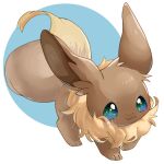  :3 animal_focus artist_name blue_background blue_eyes blush closed_mouth commentary eevee full_body fur_collar happy highres light_blush no_humans pokemon pokemon_(creature) shia_(shi12_poke) signature simple_background smile solo standing two-tone_background 