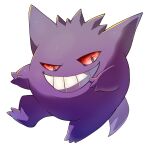  1other artist_name colored_sclera commentary full_body gengar grin half-closed_eye happy highres no_humans other_focus pokemon pokemon_(creature) purple_eyes red_sclera shia_(shi12_poke) signature simple_background smile solo standing teeth uneven_eyes white_background 
