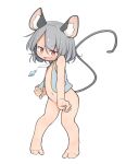  1girl animal_ears barefoot full_body grey_hair highres jewelry looking_at_viewer mouse_ears mouse_tail navel nazrin pendant red_eyes short_hair simple_background solo tail touhou turnip_kabura white_background 