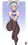  1girl absurdres alternate_costume animal_ears bare_shoulders blue_bow blue_bowtie blue_footwear blush bow bowtie breasts cleavage crossed_legs detached_collar elizabeth_(persona) fake_animal_ears fishnet_pantyhose fishnets hands_on_own_knees high_heels highres looking_at_viewer one_eye_closed pantyhose persona persona_3 playboy_bunny rabbit_ears rabbit_tail scruffyturtles short_hair sitting smile solo tail wrist_cuffs yellow_eyes 
