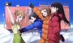  4girls :d absurdres arm_up bangs black_gloves black_hair blue_coat blue_sky braid brown_hair clenched_hand coat day gloves ground_vehicle hair_bun hands_in_pockets highres kobuchizawa_shirase long_hair miyake_hinata multiple_girls onigiri_print orange_coat outdoors red_coat shiraishi_yuzuki short_hair short_sleeves single_hair_bun sky smile snow sora_yori_mo_tooi_basho suspenders tamaki_mari video_camera yo_na 