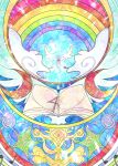  blue_sky book cloud crescent highres itomugi-kun moon musical_note no_humans open_book outdoors rainbow sky stained_glass star_(symbol) touhou wings 