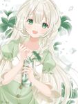  1girl :d artist_name bangs blush braid buttons collarbone commentary_request cup dress eyelashes frilled_sleeves frills green_dress green_eyes hair_between_eyes hands_up highres holding holding_cup kompeitou_(lemon_garden) leaf light_particles long_hair looking_at_viewer open_mouth original plant puffy_short_sleeves puffy_sleeves short_sleeves side_braid sidelocks signature simple_background single_braid smile solo very_long_hair water water_drop white_background white_hair wide_sleeves 
