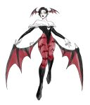  1girl animal_print bat_print black_hair boots breasts cleavage clothing_cutout commentary cosplay english_commentary full_body genderswap genderswap_(mtf) head_wings heart_cutout highleg highleg_leotard highres knee_boots large_breasts leotard morrigan_aensland morrigan_aensland_(cosplay) multicolored_hair nijisanji nijisanji_en pantyhose parted_lips red_hair red_lips short_hair signature solo streaked_hair two-tone_hair vampire_(game) virtual_youtuber vox_akuma yui930 