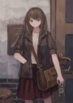  1girl bangs barrel black_jacket bottle brown_bag brown_eyes brown_hair expressionless jacket leather leather_bag leather_jacket ookashippo original outdoors red_skirt shirt skirt solo wall white_shirt 