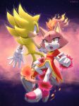  2d_(artwork) absurd_res anthro blaze_the_cat burning_blaze carue32 clothed clothing domestic_cat duo eulipotyphlan fangs felid feline felis female fire footwear hedgehog hi_res male male/female mammal sega shoes sonic_the_hedgehog sonic_the_hedgehog_(series) space super_sonic surprised_expression teeth 