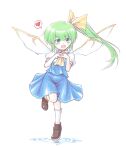  1girl :d aokukou ascot blue_skirt blue_vest bow brown_footwear collared_shirt commentary_request daiyousei dot_nose eyes_visible_through_hair fairy_wings full_body green_eyes green_hair hair_bow hands_on_own_chest heart kneehighs leg_up own_hands_together puffy_short_sleeves puffy_sleeves shirt short_hair_with_long_locks short_sleeves side_ponytail simple_background skirt skirt_set smile socks spoken_heart standing standing_on_one_leg tiptoes touhou vest water white_background wings yellow_ascot yellow_bow 
